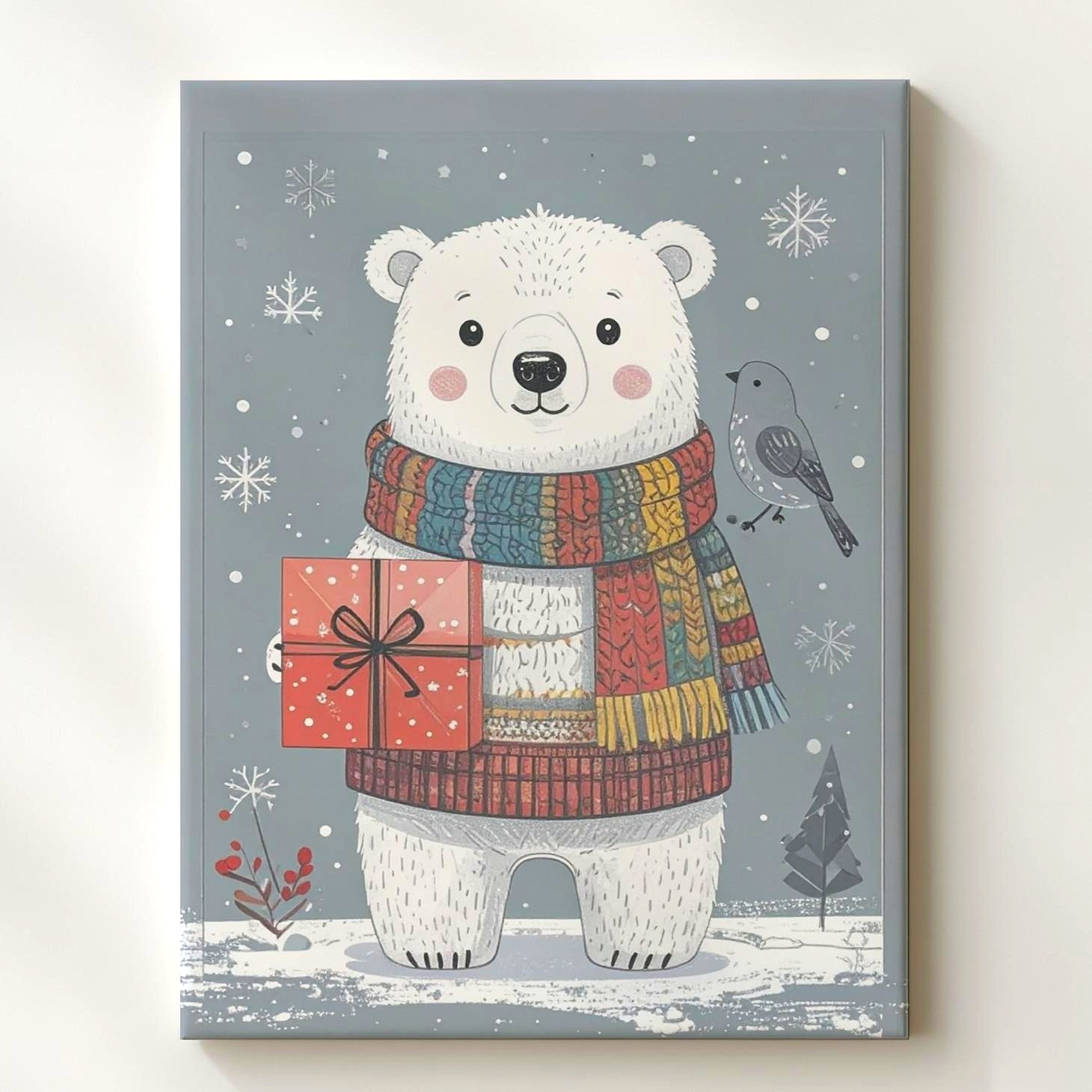 Cozy Polar Bear Gift Canvaswinter Holiday Wall Art