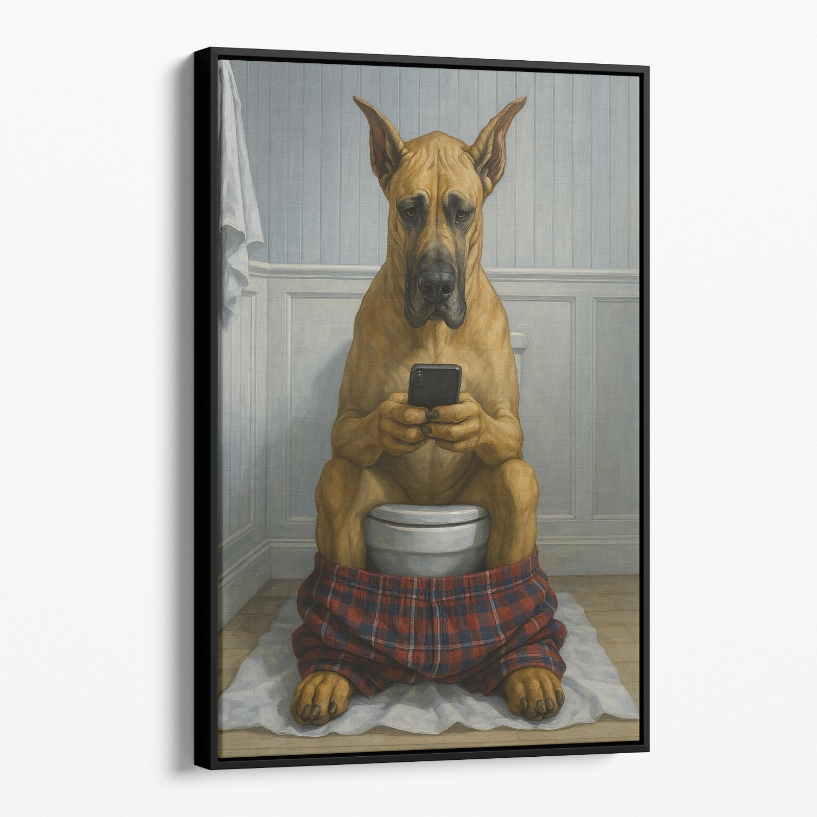 Great Dane On The Phone On The Toilet Funny Dog Bathroom Canvas Wall Art Print