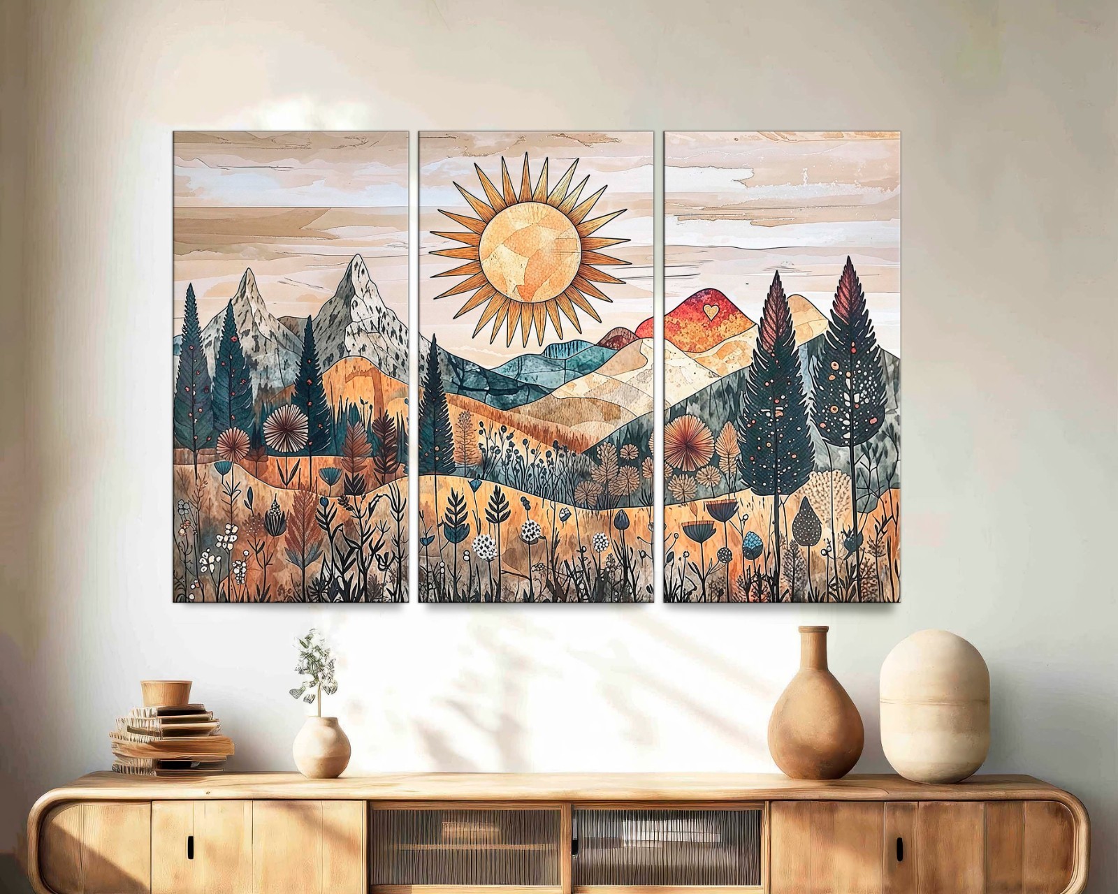 Southwestern Sun Canvas Print Set of 3, Boho Mountain Landscape, Floral Home Art