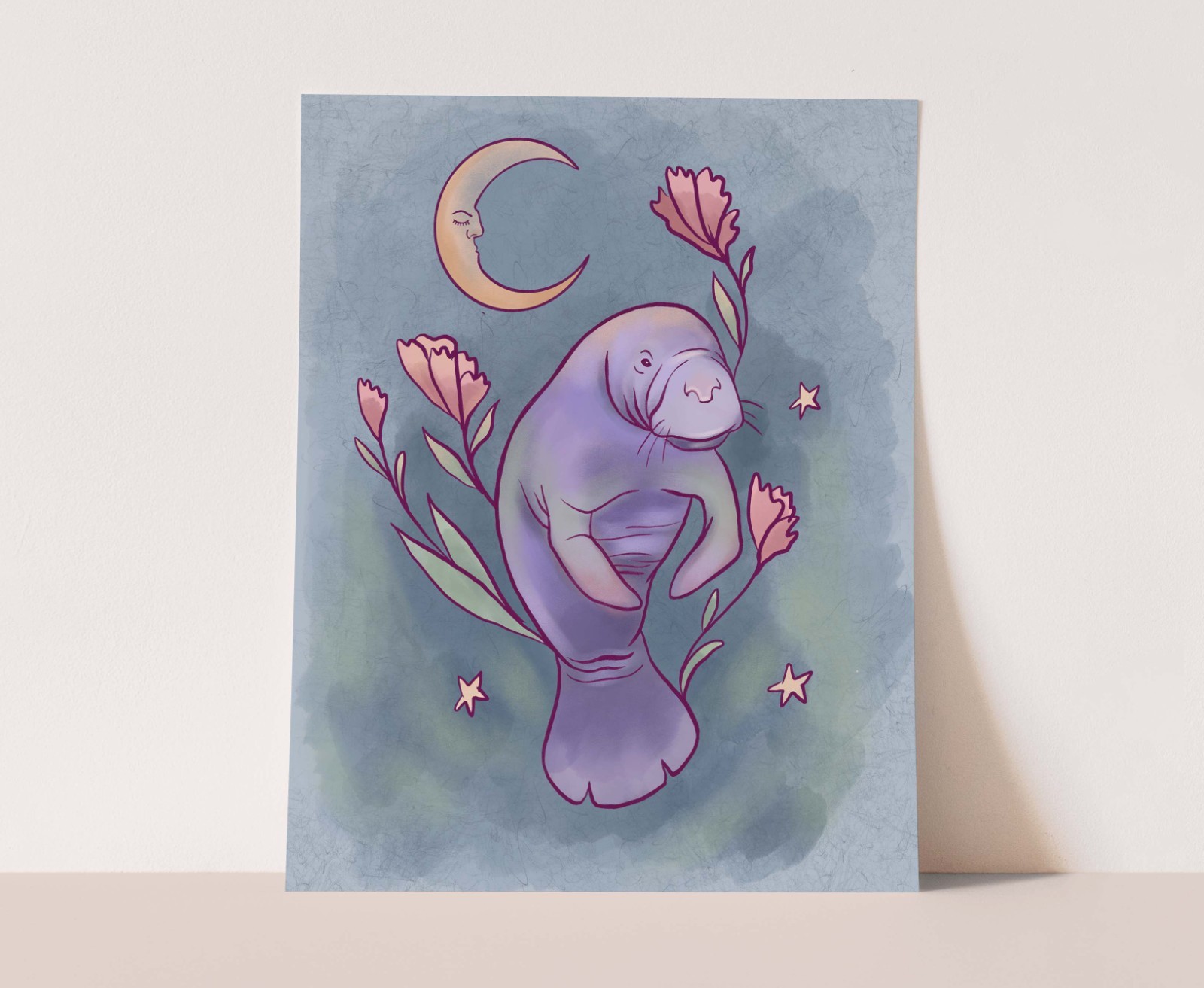 Moon Manatee Wall Art, Celestial Ocean Animal Illustration, Cottagecore Art