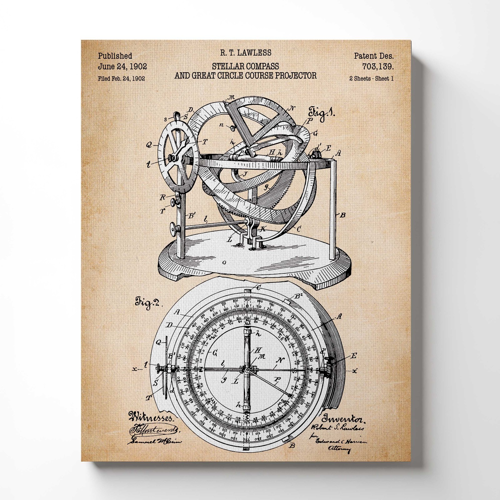 Compass Décor, Nautical Decorations, Stellar Compass Patent Canvas Print