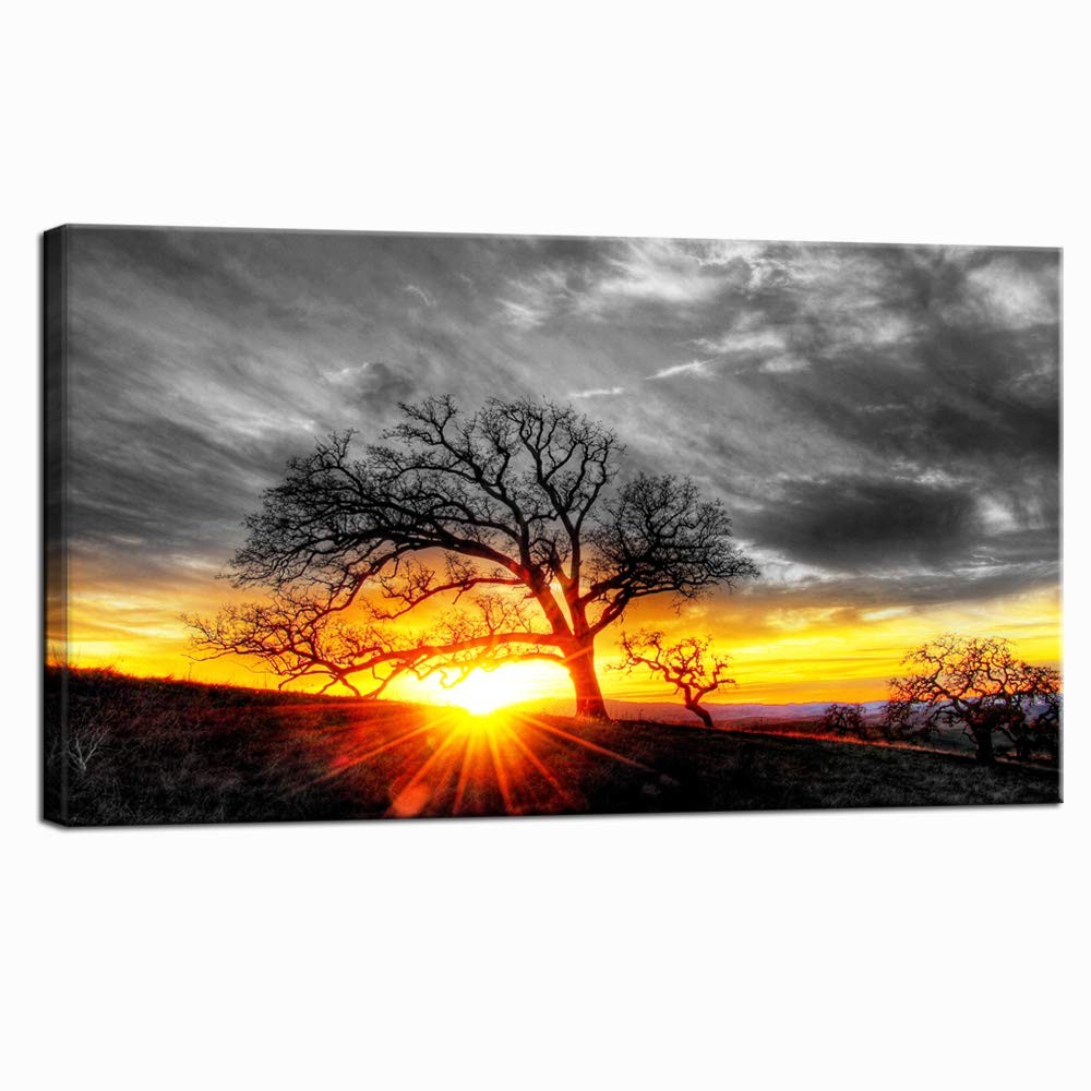 Modern Wall Art Decor Black and White Tree at Gold Sunset Picture Canvas Prin…