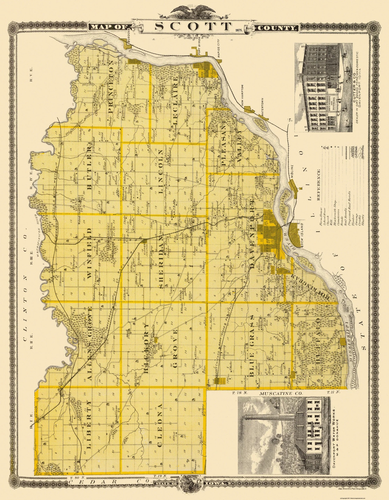Historic County Map – Scott County Iowa – Shober 1875 – Vintage Wall Art