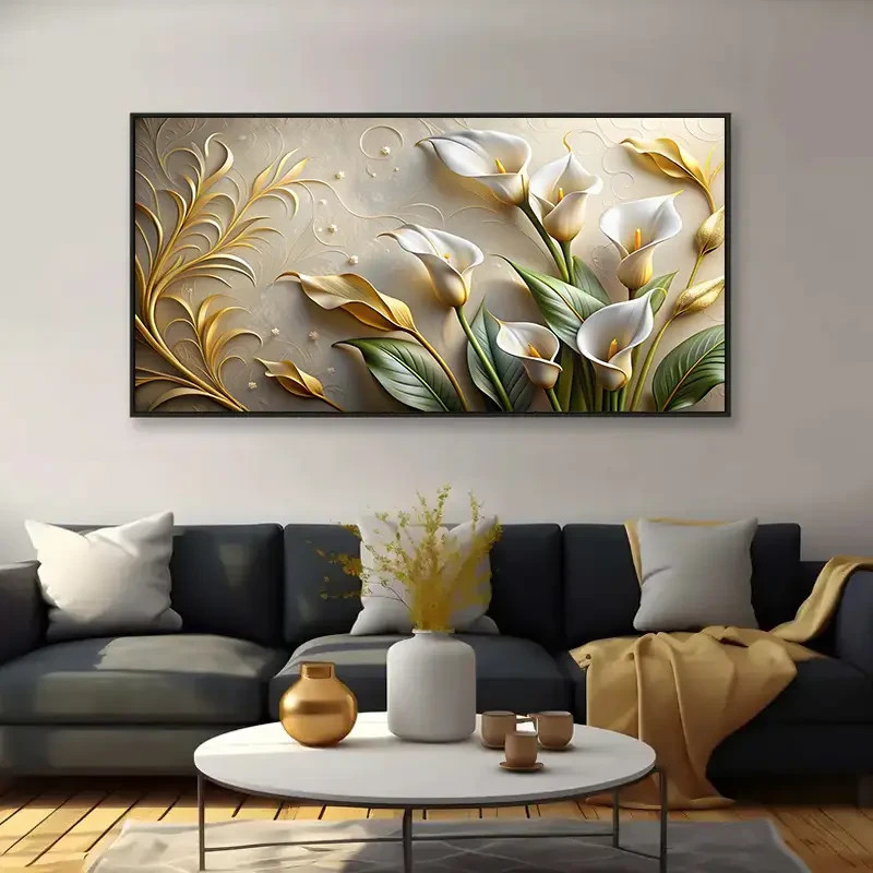 Elegant White Calla Lily With Golden Accents Unframed Canvas Painting for Living