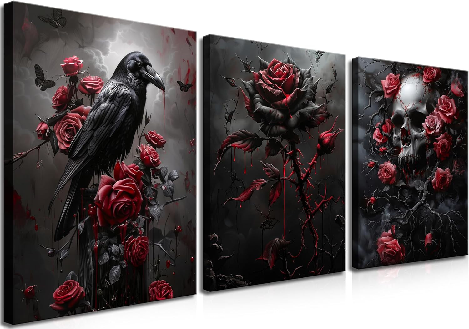 Gothic Canvas Wall Art Set of 3, Romantic Rose Halloween Wall Decor Paintings, D