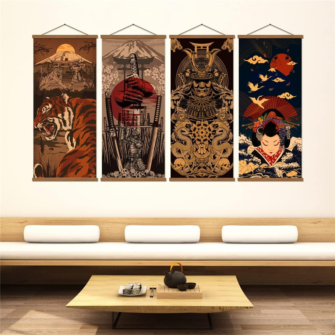 4 Piece 16x35in Japanese Art Print Set on Archival Canvas with Oak Frame