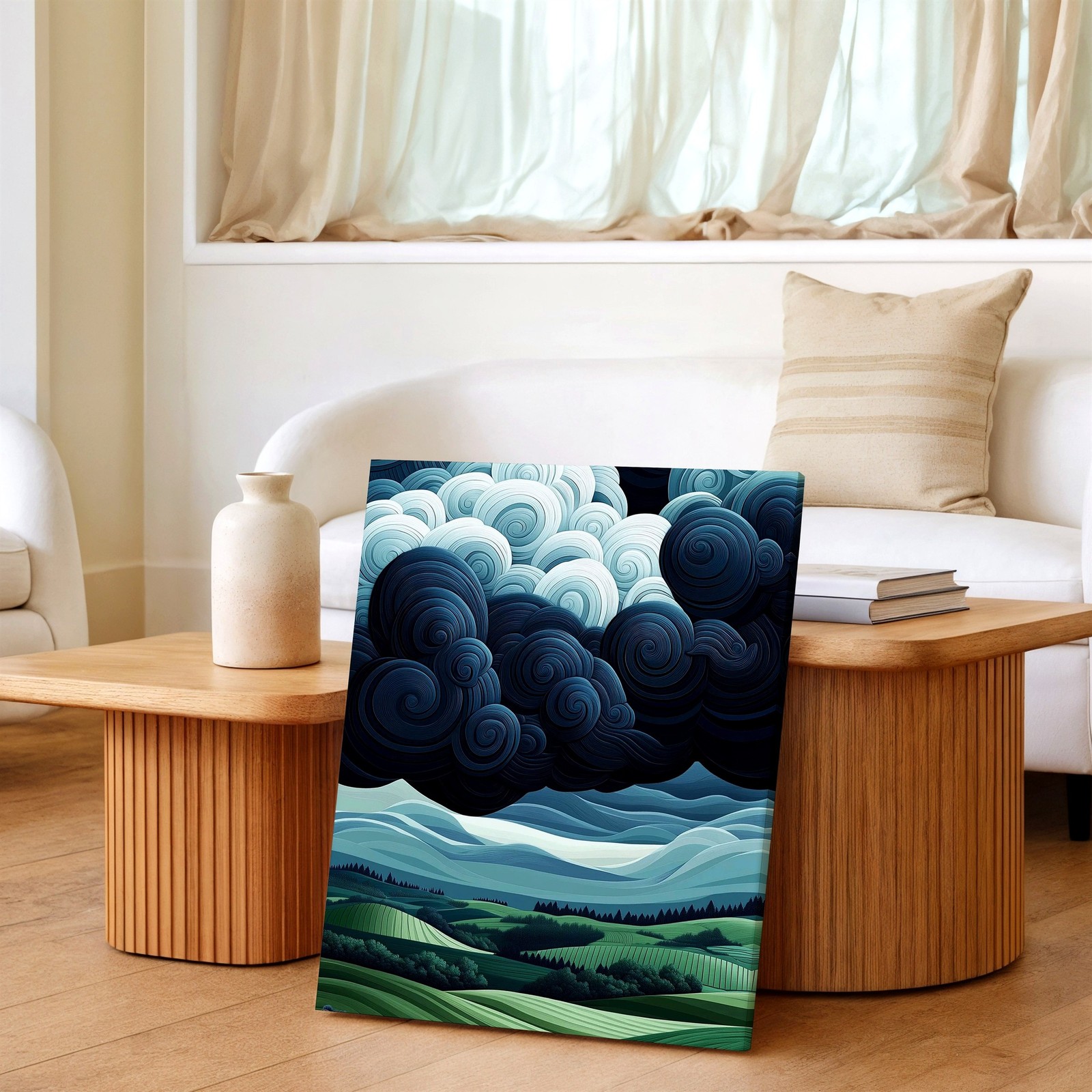 Wall Art Abstract Storm Cloud Landscape Print Blue Green Rolling Hills Decor