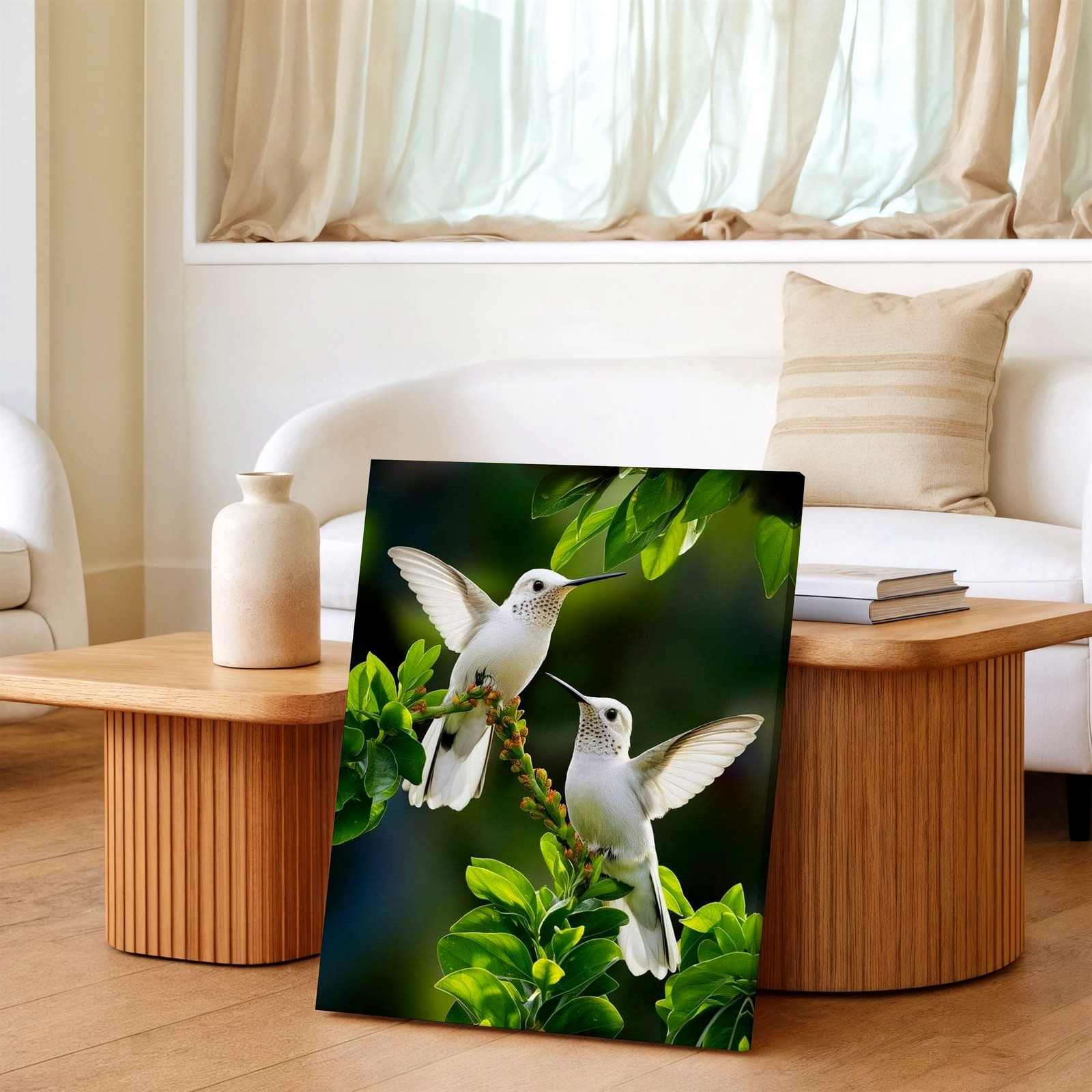Wall Art White Hummingbird Birds on Green Branch Tropical Nature Canvas Print