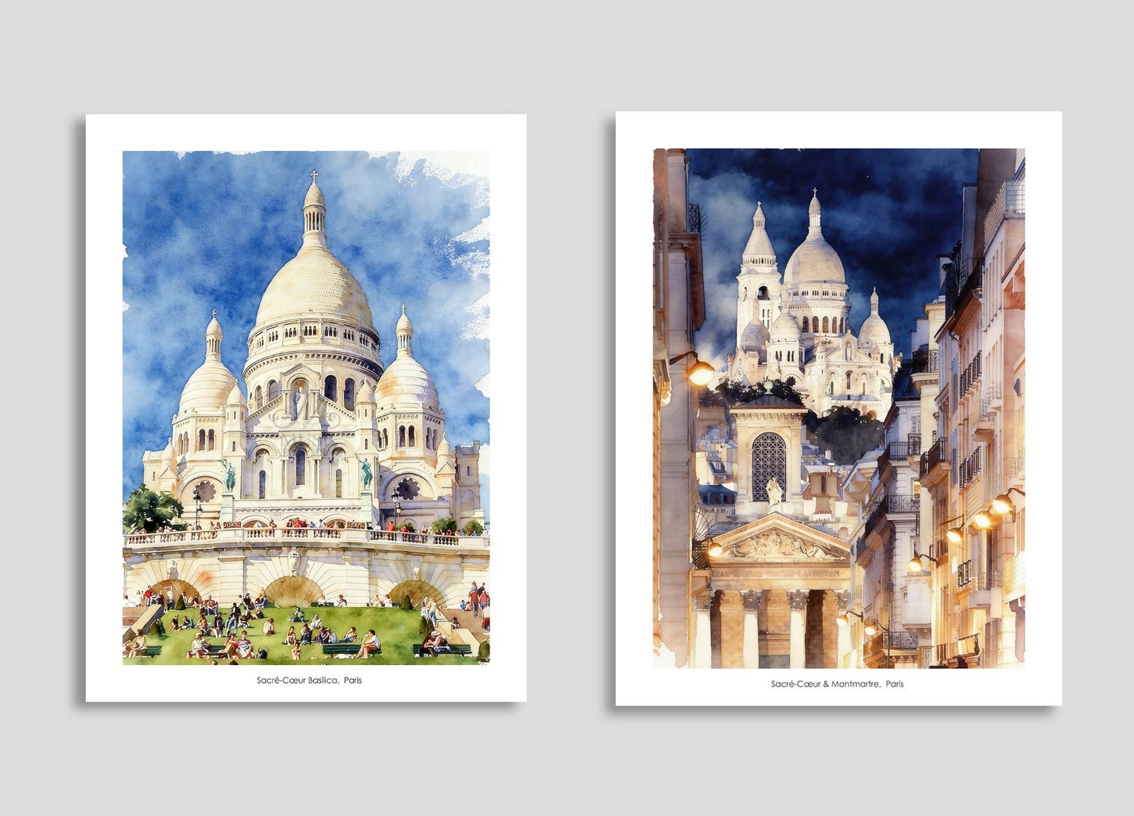 Set of 2 Paris Sacre Coeur Cathedral Montmartre Watercolor Wall Art Print 12X16″