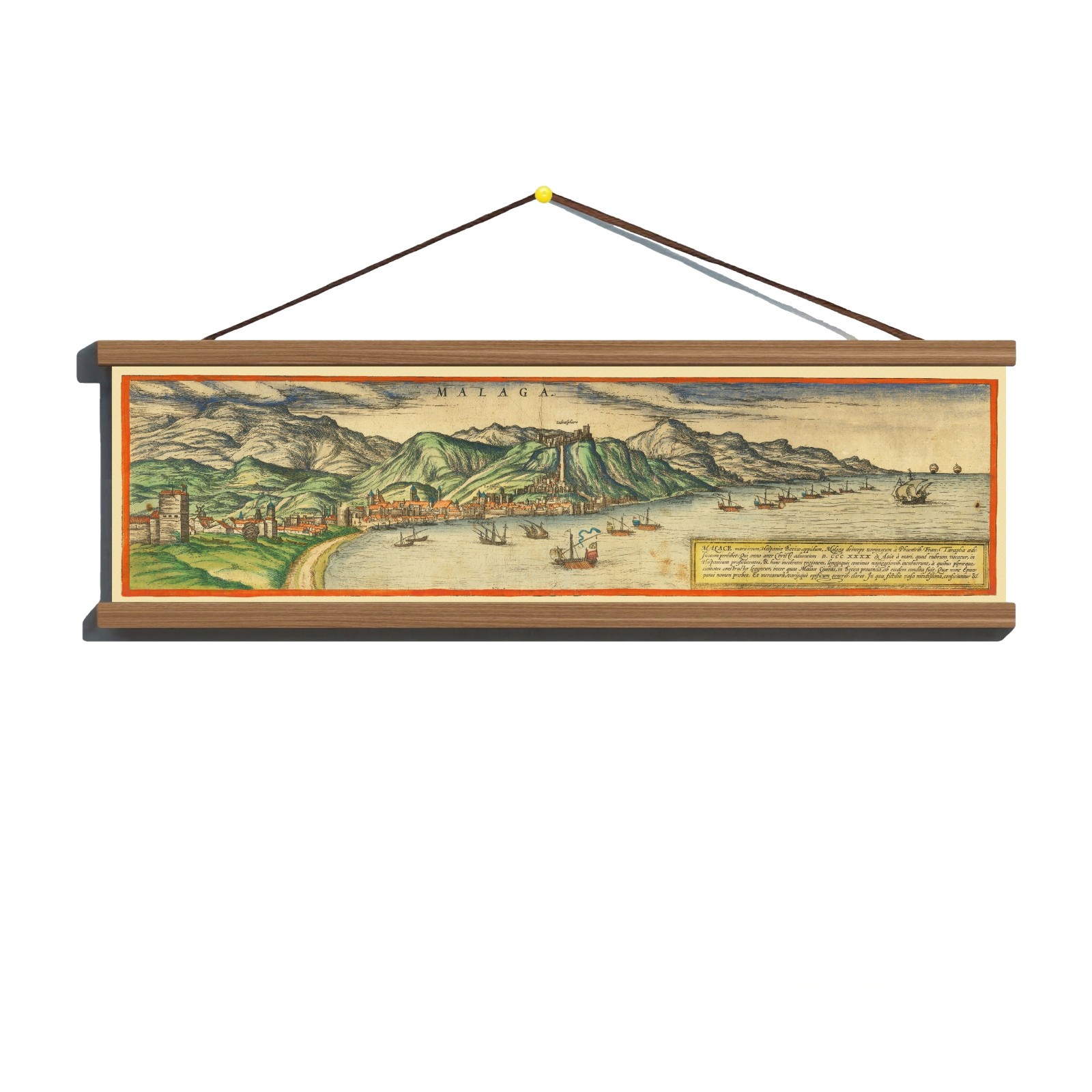 Ancient 1572 Panoramic Early View Map of Malaga; Canvas, Magnetic Wooden Hanger
