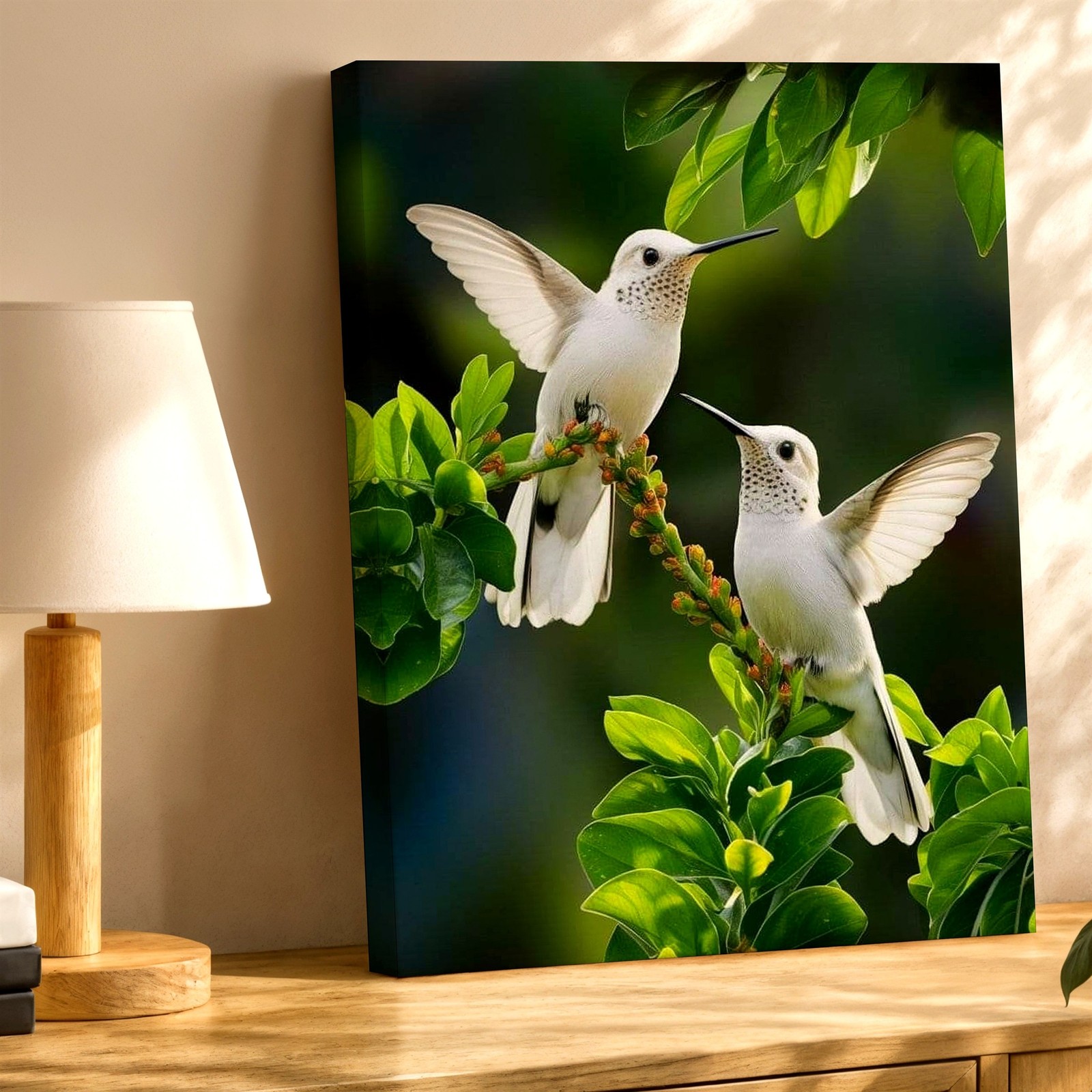 Wall Art White Hummingbird Birds on Green Branch Tropical Nature Canvas Print