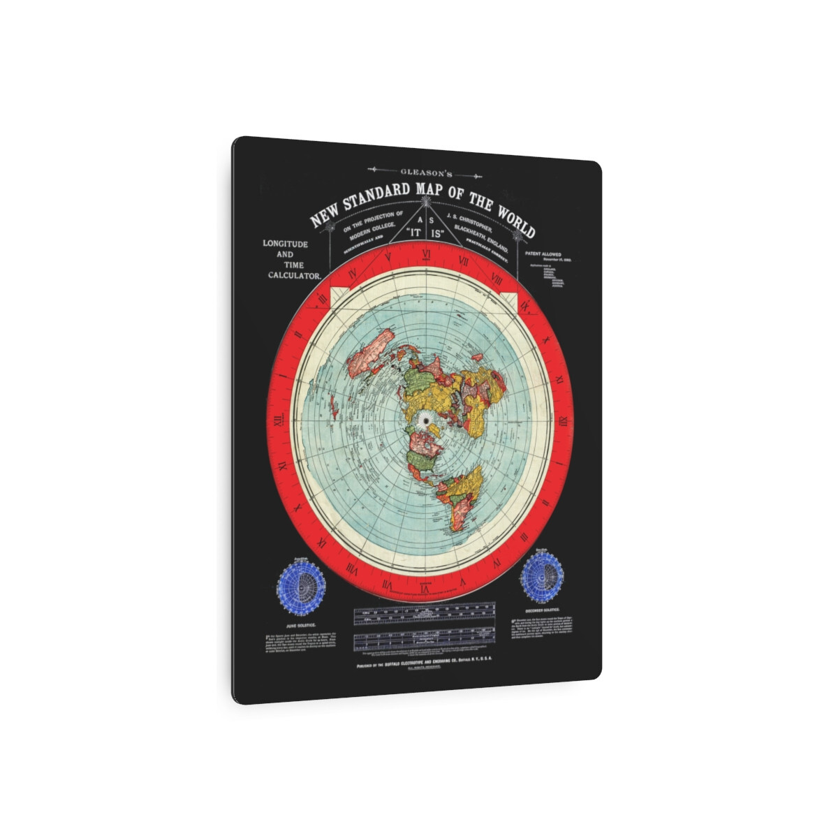 Gleason’s 1892 New Standard Map of the World Flat Earth Black Metal Art Sign