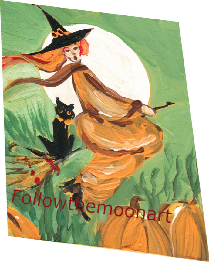 Halloween Flying Witch with Black Cat Moon Wall Art Print Boo