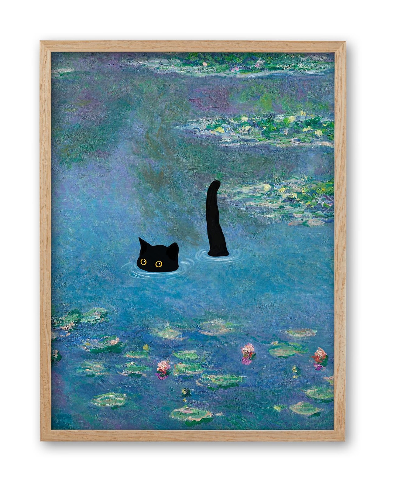 12x16in Natural OAK Wood Framed Monet Water Lily Cat Wall Art