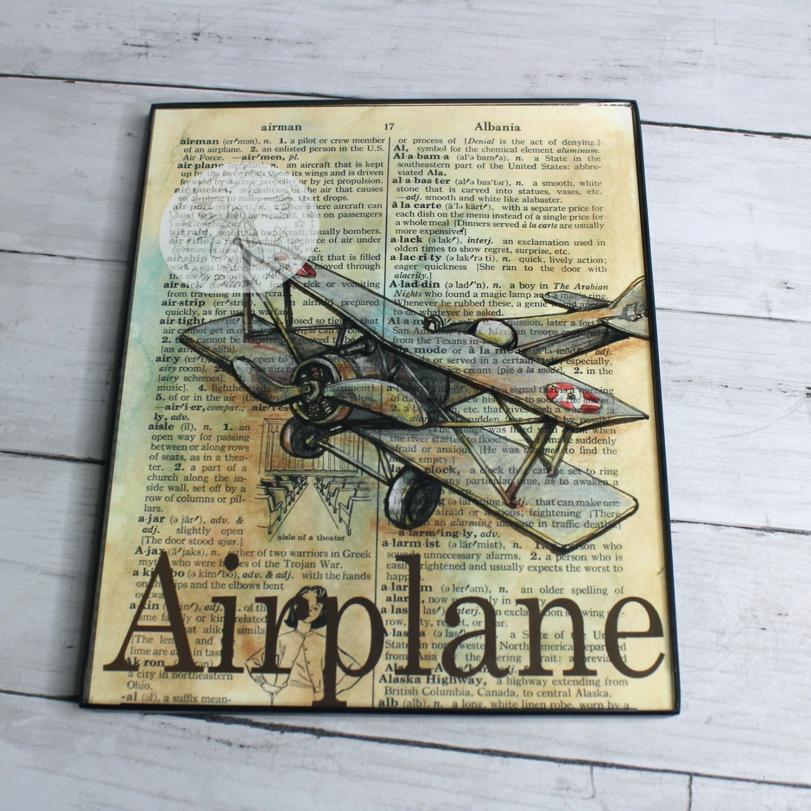 Vintage Biplane Airplane Aviation Print Wall Art Decor Black Frame Mixed Media