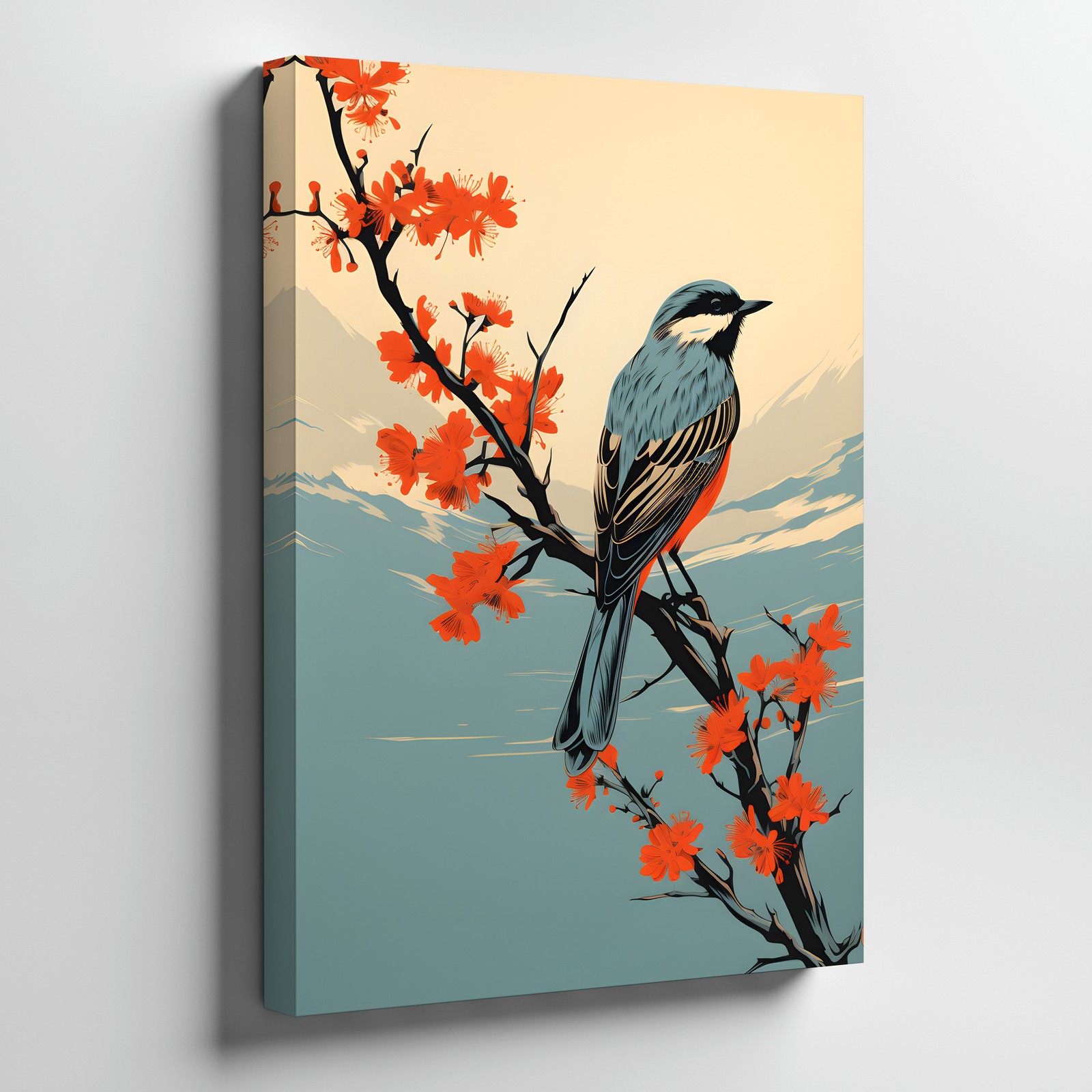 Elegant Blue Bird On Cherry Blossom Branch Canvas Wall Art Nature Print Home