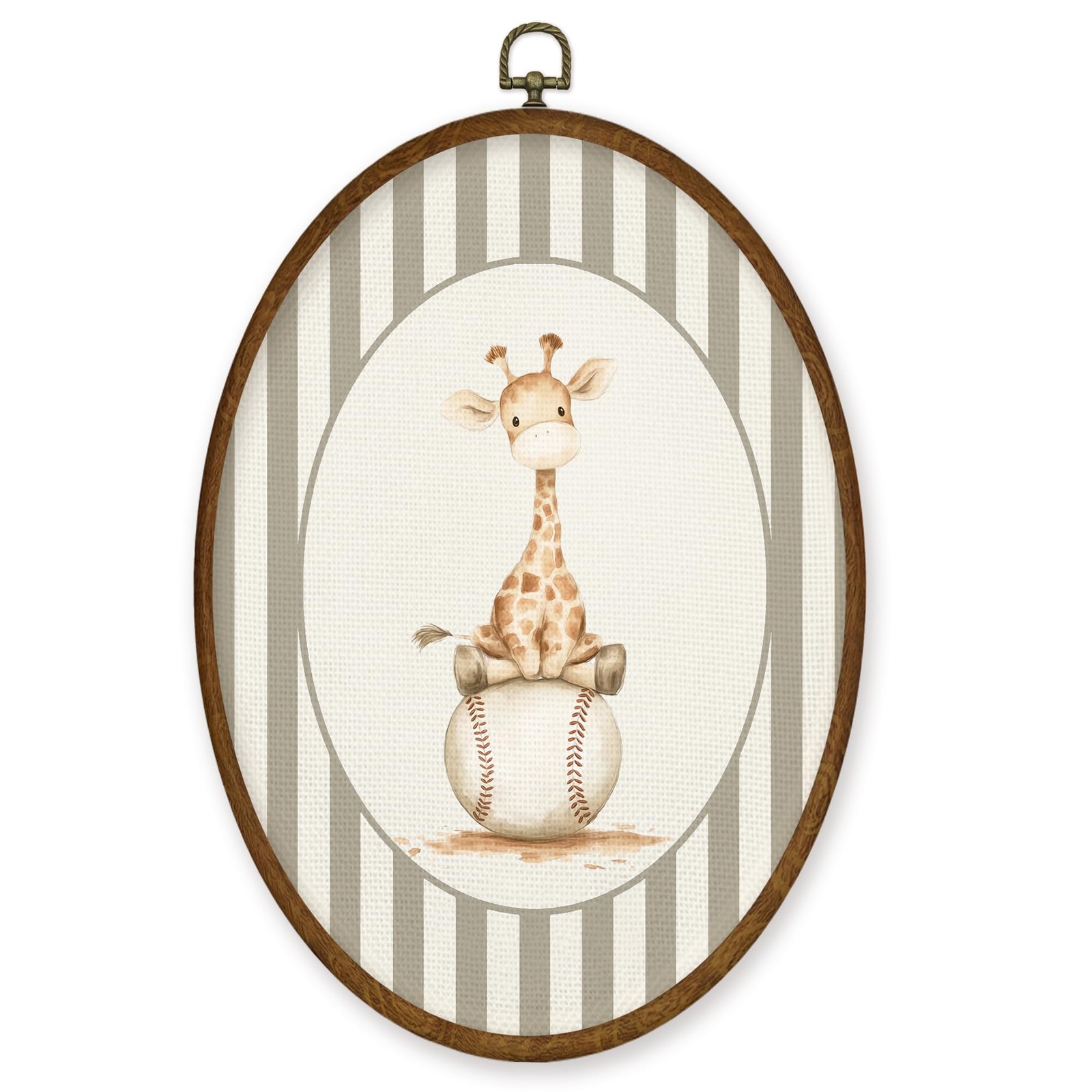 Vintage Giraffe Baseball Nursery Wall Art Decor, Sports Oval Framed Canvas Ar…