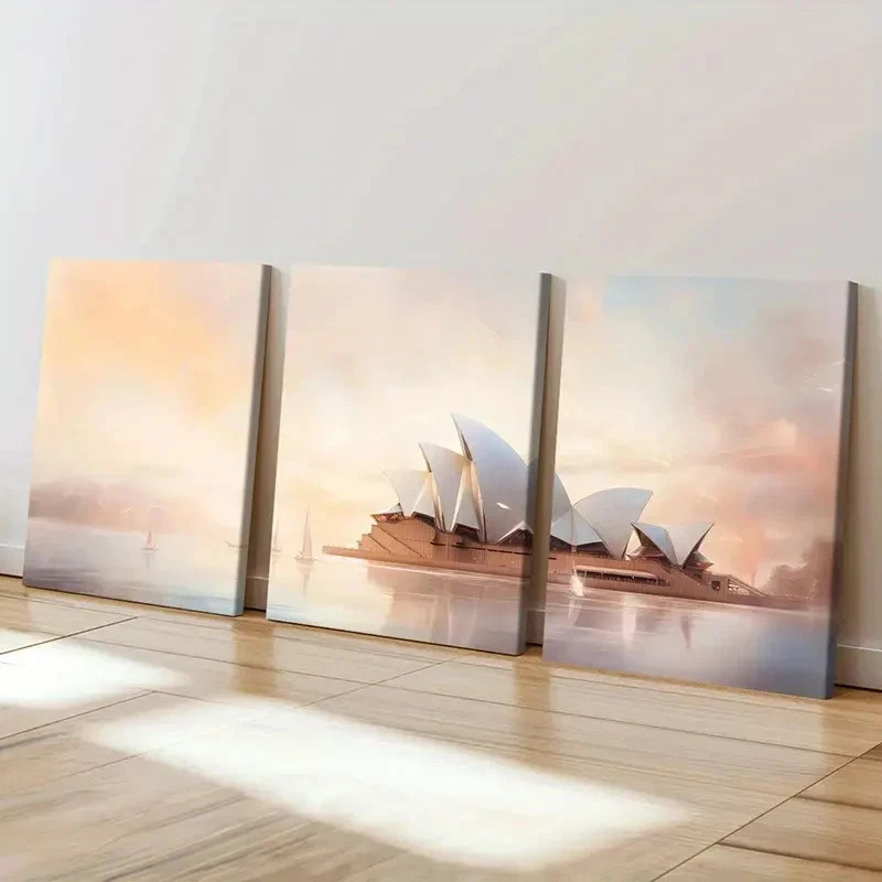 3pcs Sydney Opera House Pastel Sky Sailing Boat Wall Art Canvas Framed 50x70cm
