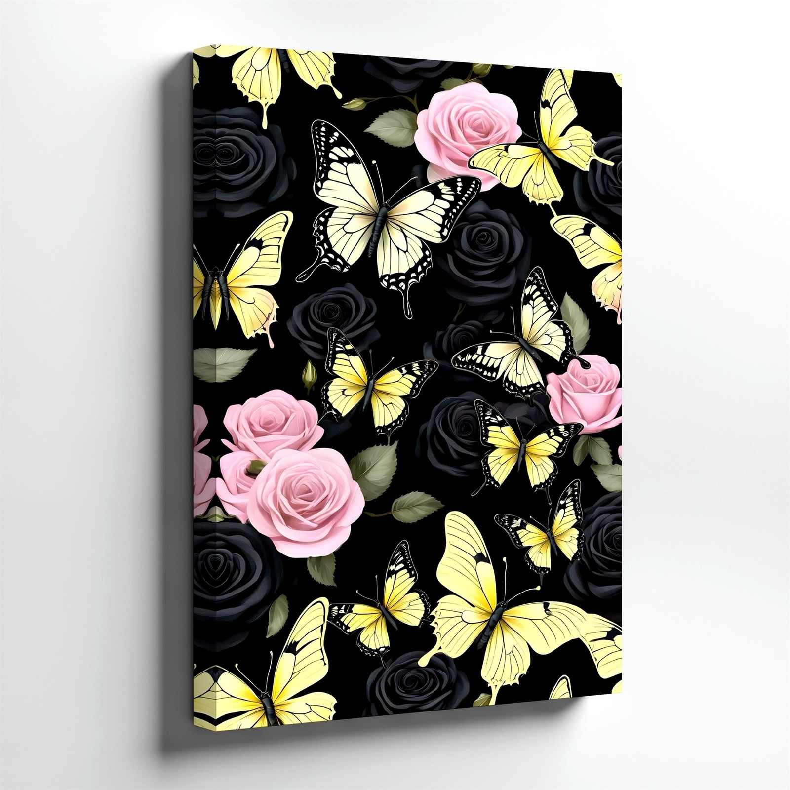 Wall Art Yellow Butterflies Pink Black Roses Floral Print Gothic Decor Poster