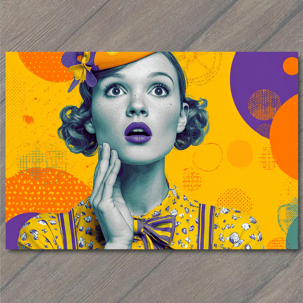 Art Print Retro Surprised Girl Pop Color Portrait Wide Eyes