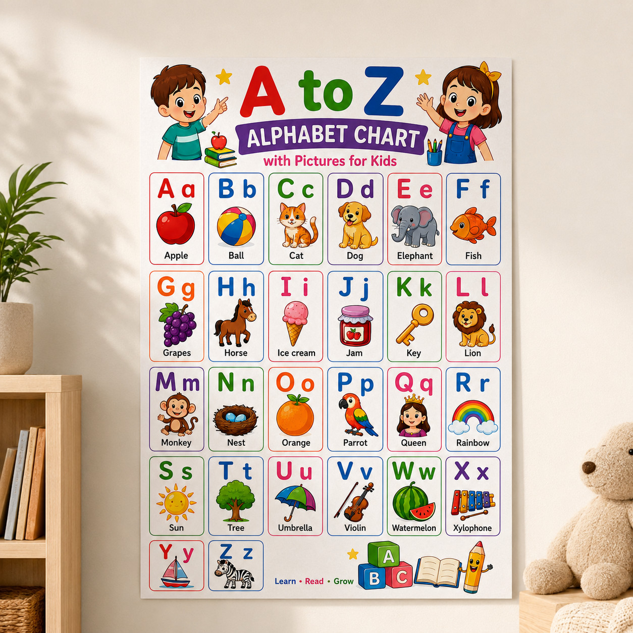 A to Z Alphabet Chart Poster Kids Learning Nursery Wall Decor | Multiple Sizes