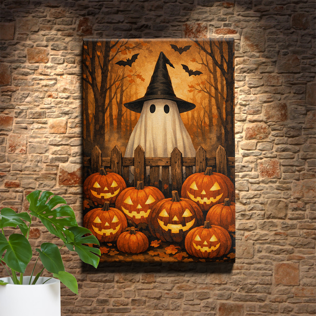 Halloween Decor Cat in Witch Hat Pumpkin Patch Framed Canvas Wall Art