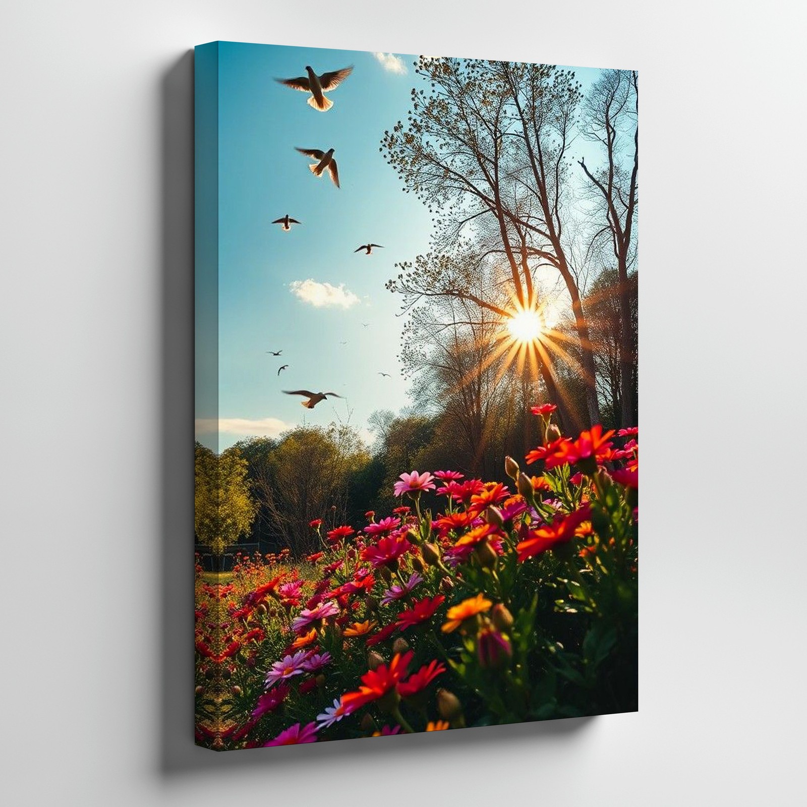 Sunset Canvas Wall Art With Colorful Flowers Flying Birds And Trees Nature Print