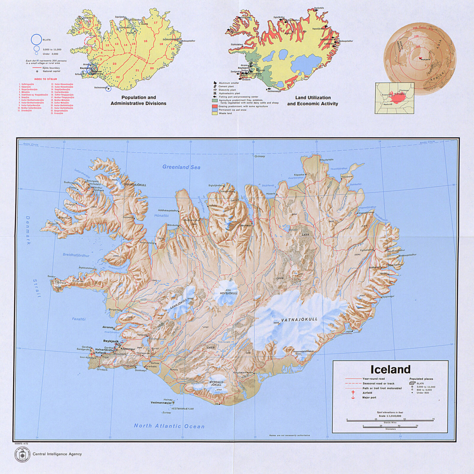1973 CIA Map of Iceland Population Economics Political Wall Art Poster Print