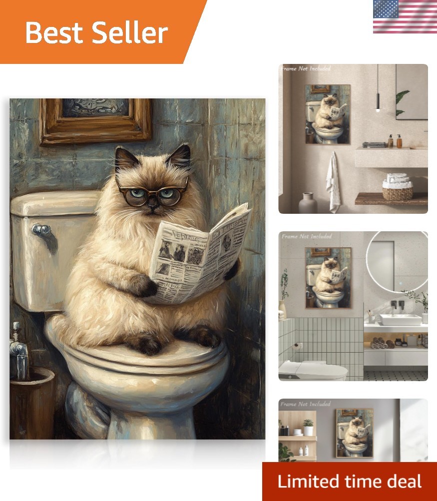 Humorous Cat Reading Newspaper on Toilet Poster – Whimsical Bathroom Decor