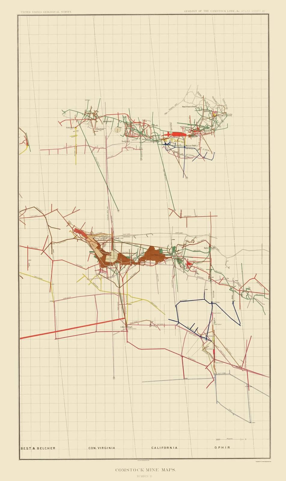 Historic Mine Map – Nevada Comstock Mine Number Three – Becker 1882 – Vintage
