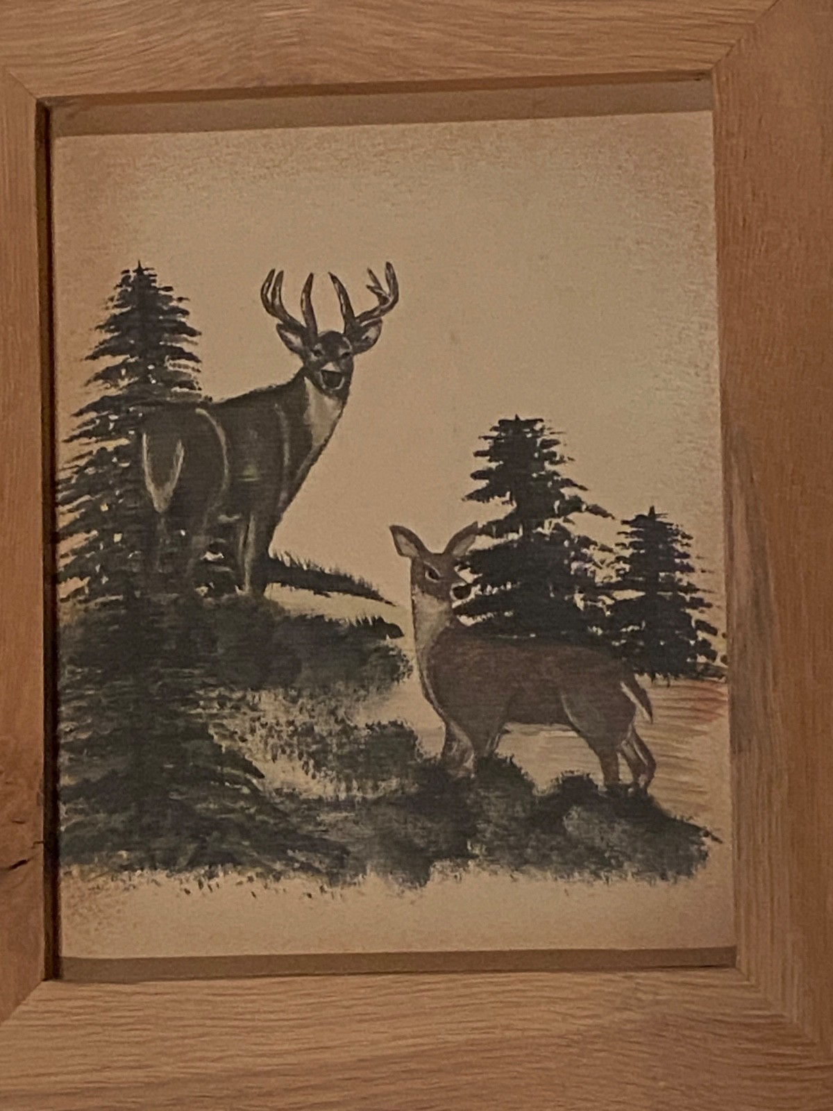 Framed artwork featuring a buck and doe. 8-1/4”x10-3/4” Frame 15-1/2”x13-1/4