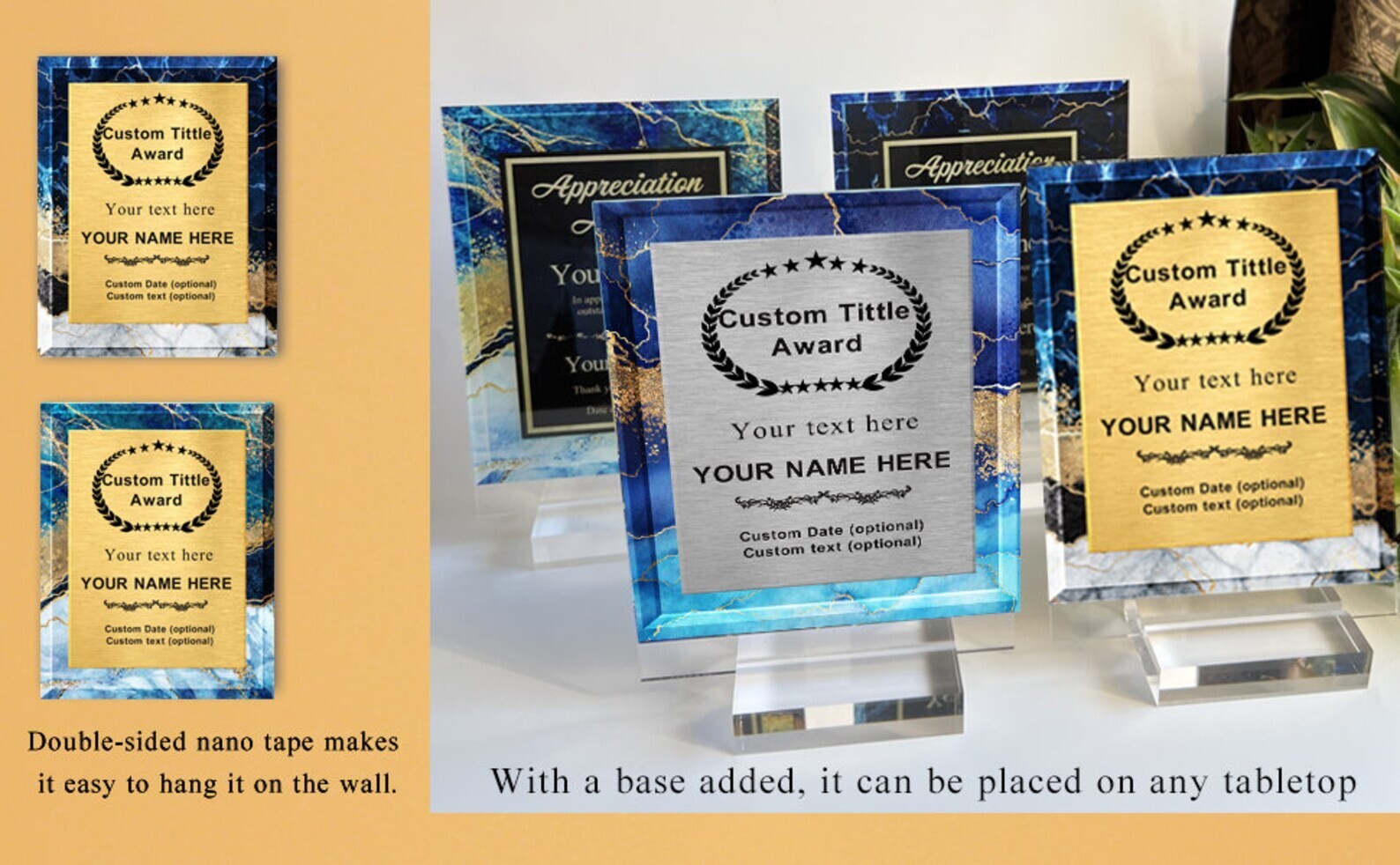 Personalized Trophy Award – Custom Plaque with Text, 10 Marble Backgrounds