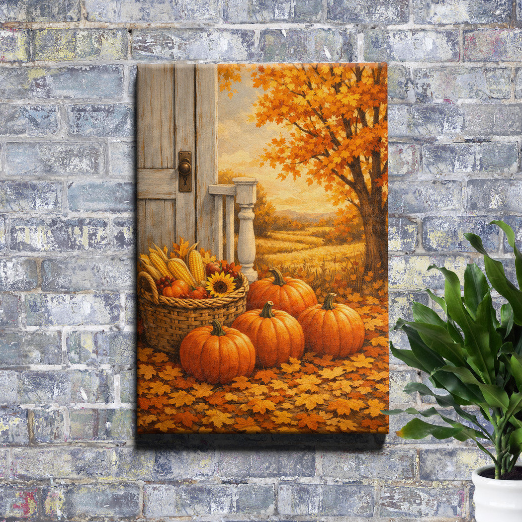 Autumn Porch Painting Pumpkins Leaves Rustic Wood Framed Canvas Wall Art