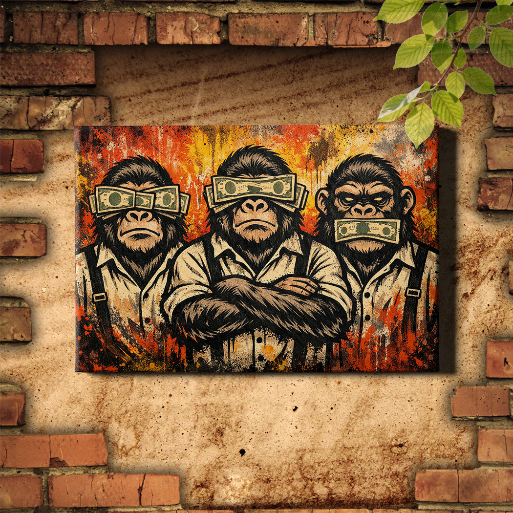 Funny Monkey in Suit Business Monkeys Dollar Bills Framed Canvas Wall Art