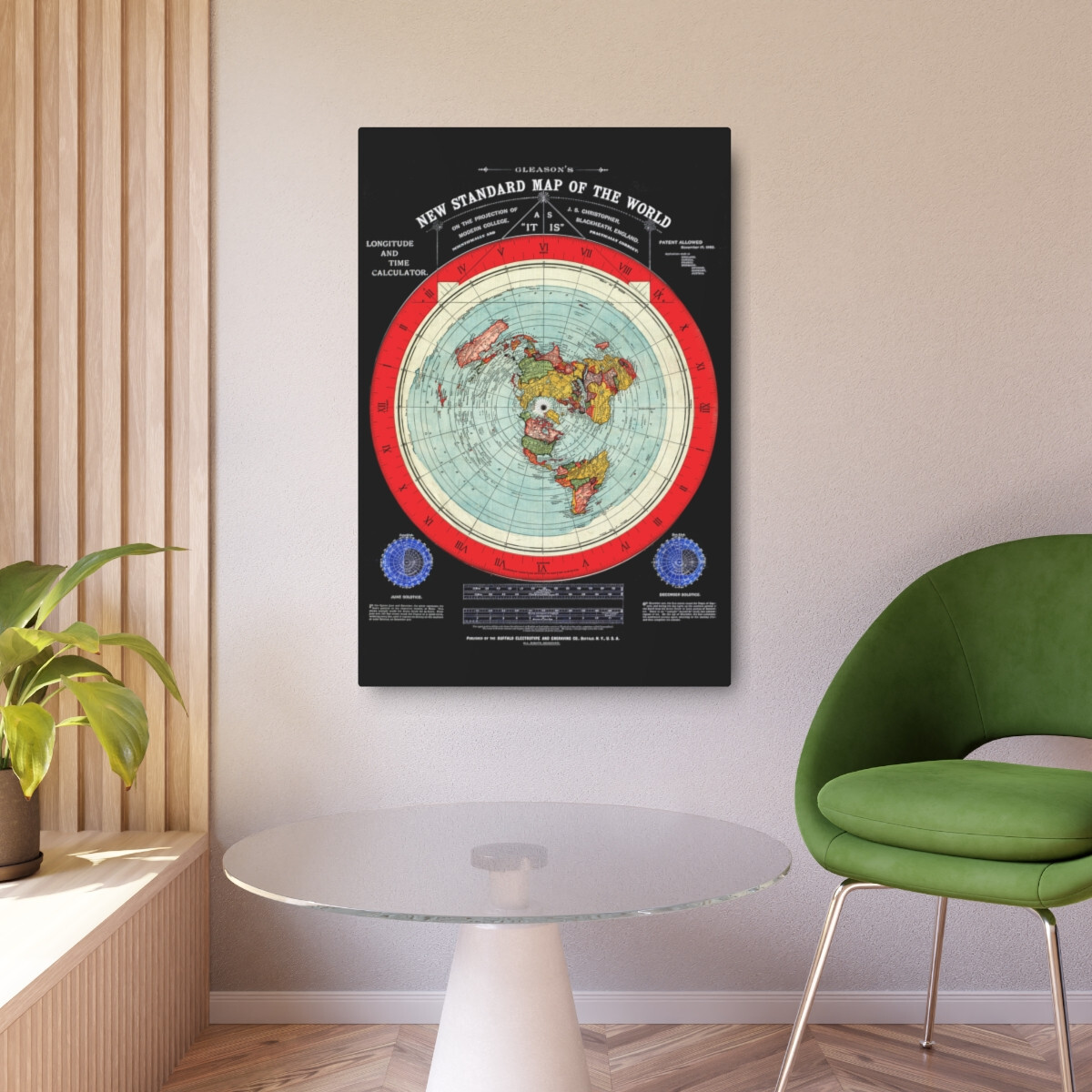 Gleason’s 1892 New Standard Map of the World Flat Earth Black Metal Art Sign