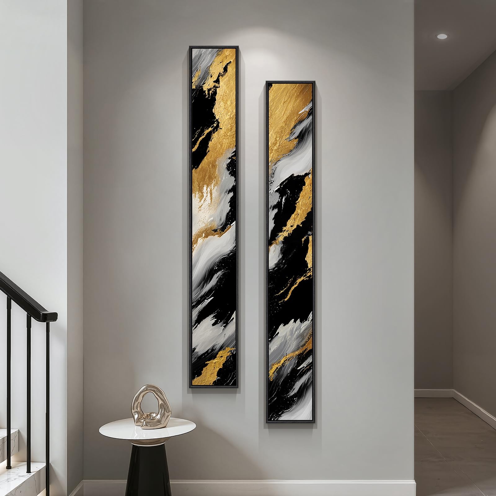 Framed Long Narrow Vertical Abstract Wall Art Set, 2 Piece Black White Gold L…