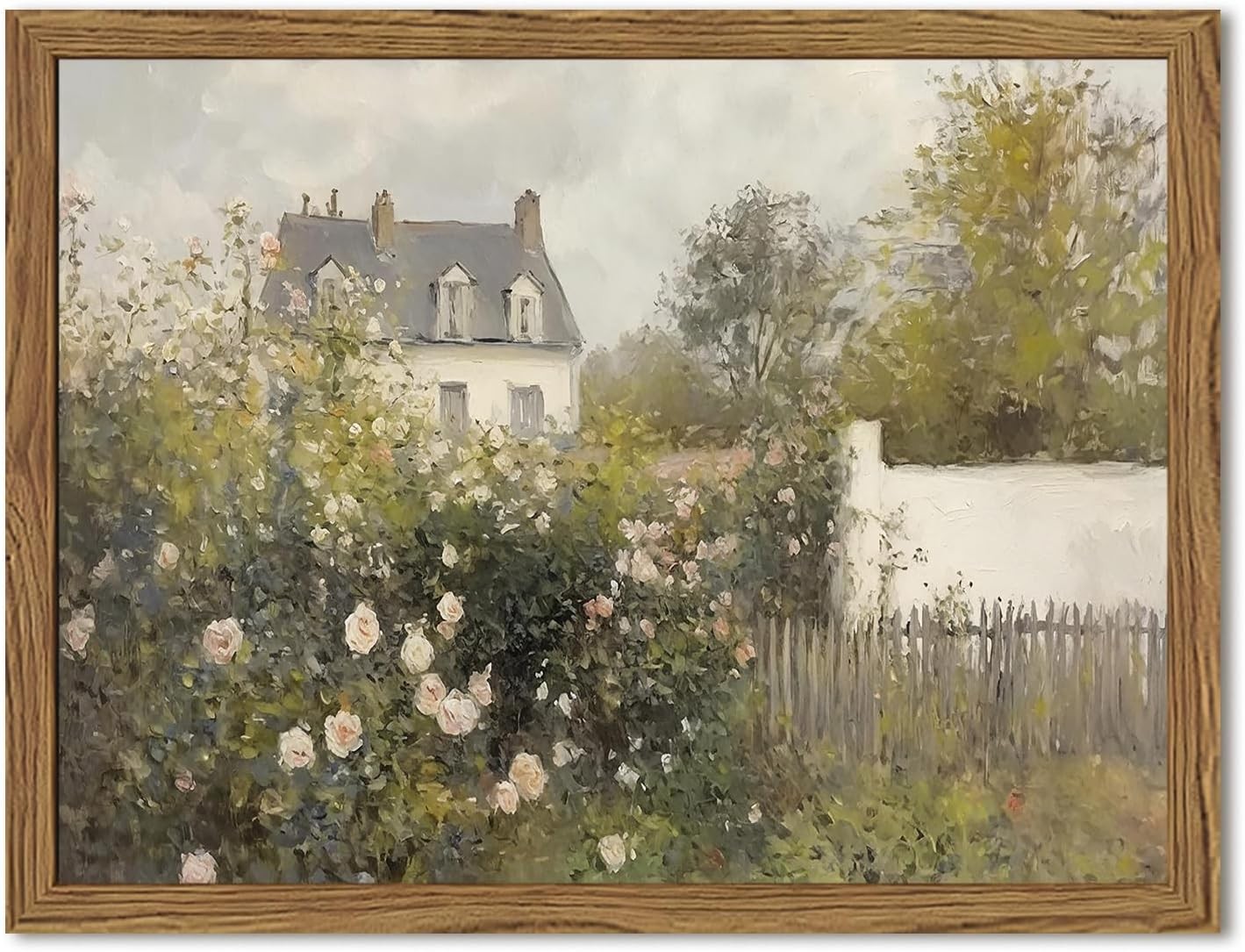 Framed Vintage Wall Art, Cottage Rose Garden Landscape Pictures Wall Decor Paint