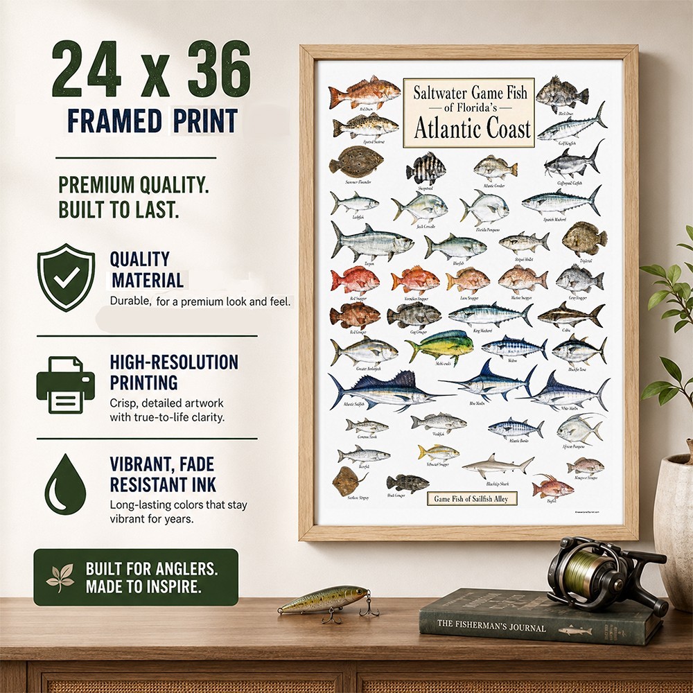 Florida Atlantic Coast Fish Framed Poster 24×36 – Saltwater Fishing Chart