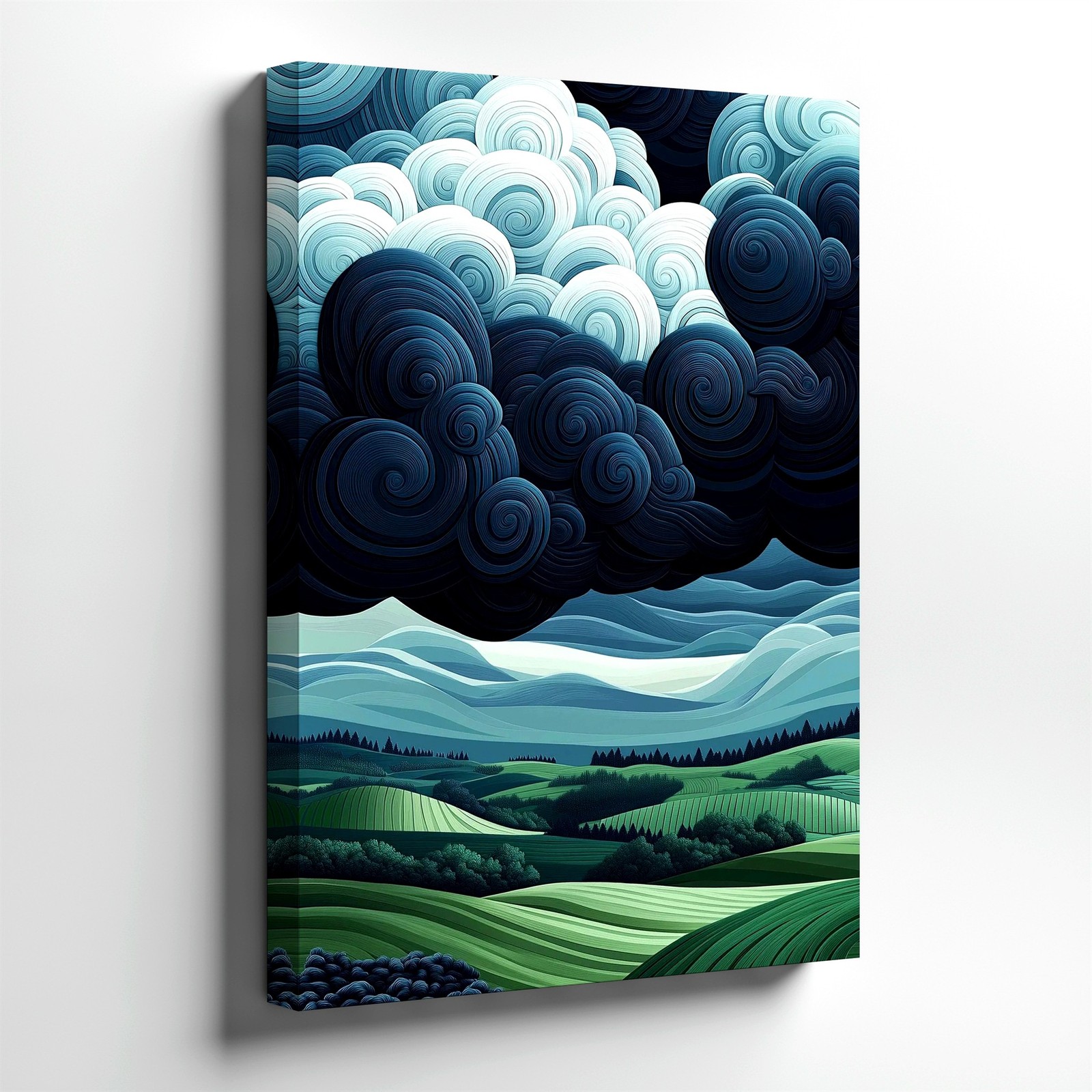 Wall Art Abstract Storm Cloud Landscape Print Blue Green Rolling Hills Decor