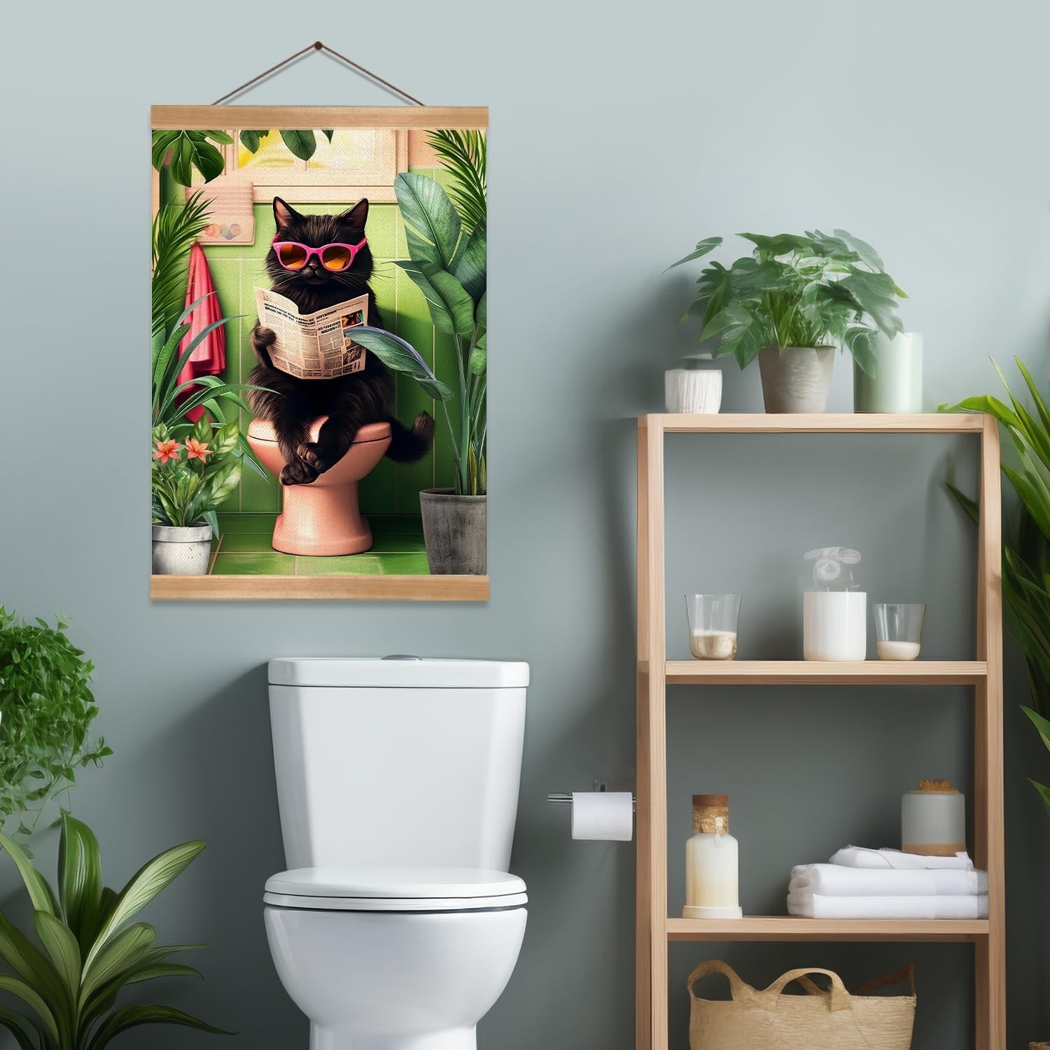 Funny Tropical Plant Cat Reading Newspaper Framed Poster – 12×16 Inches