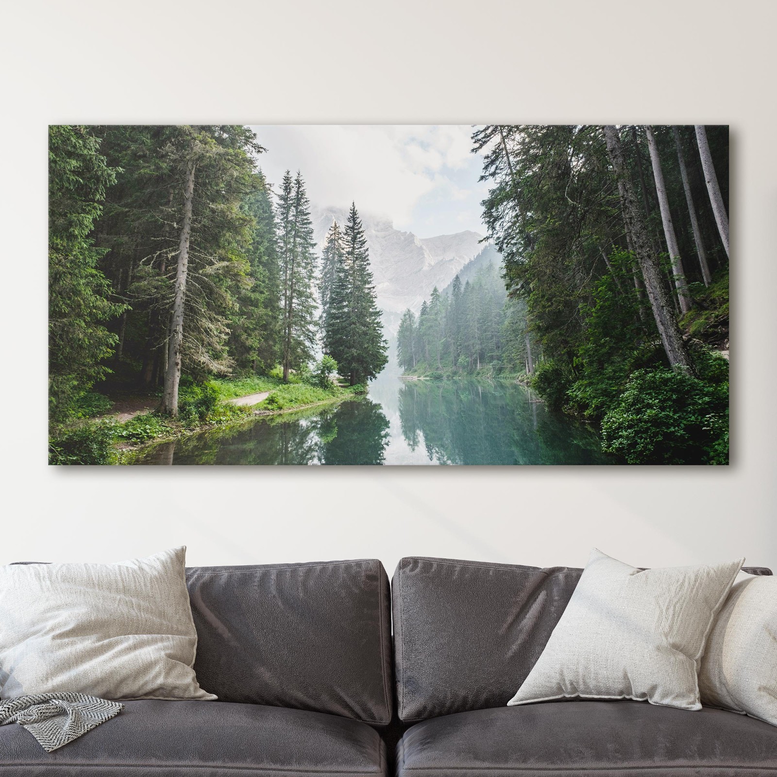 Lake In Green Forest Landscapes Rustic Cabin Cottage Canvas Wall Art Print