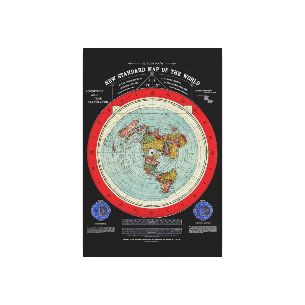 Gleason’s 1892 New Standard Map of the World Flat Earth Black Metal Art Sign