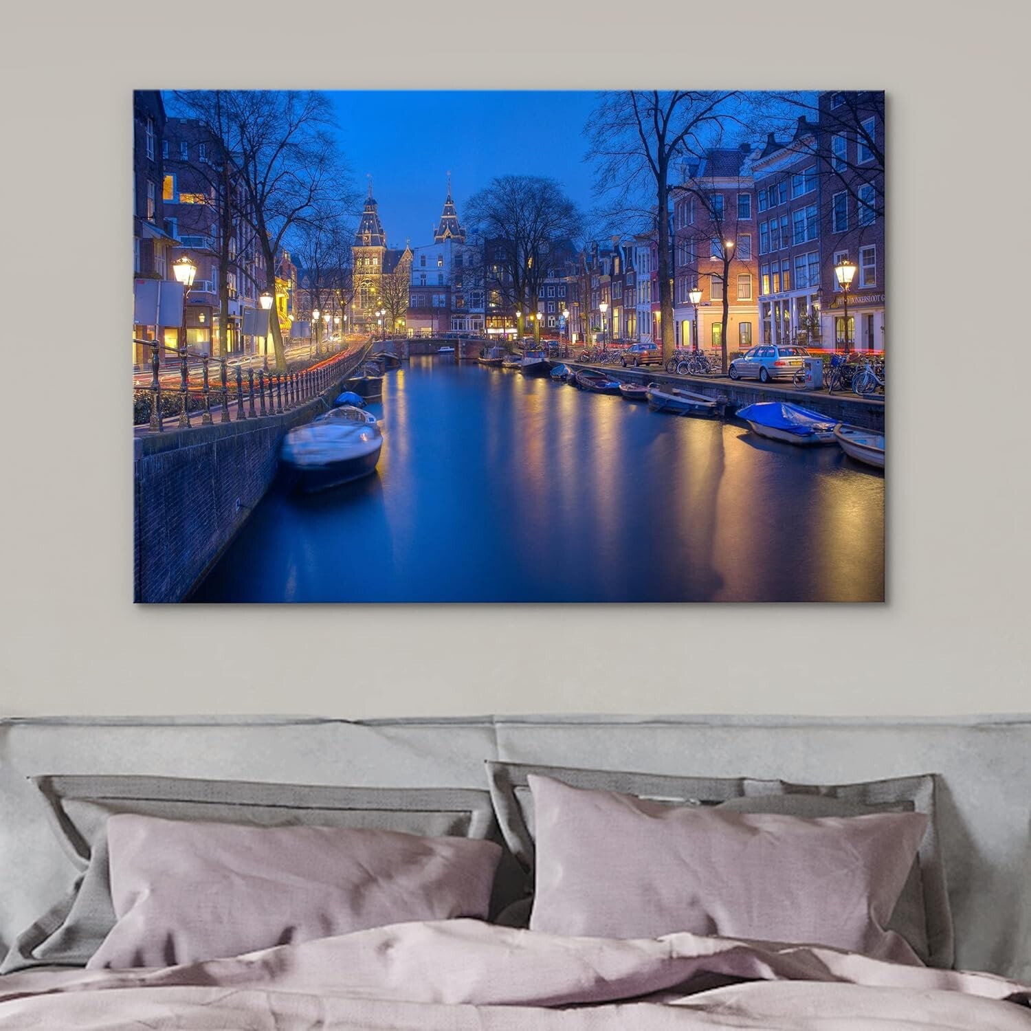 Wall26 – Photography Canvas Wall Art Print – Netherlands Canal at Night
