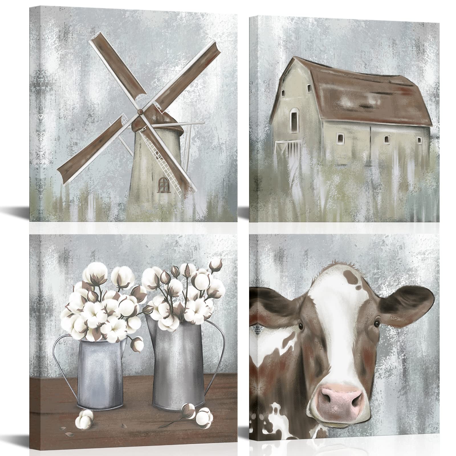 4 Piece Farmhouse Canvas Wall Art Rustic Cow Dutch Windmill Cotton Flower Pic…