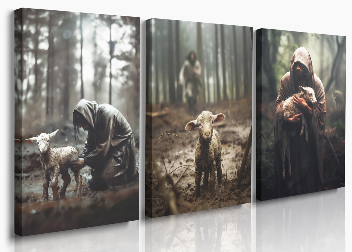GUBIYU Jesus and Lamb Canvas Wall Art Set of 3 Jesus Running After Lost Lamb Pic