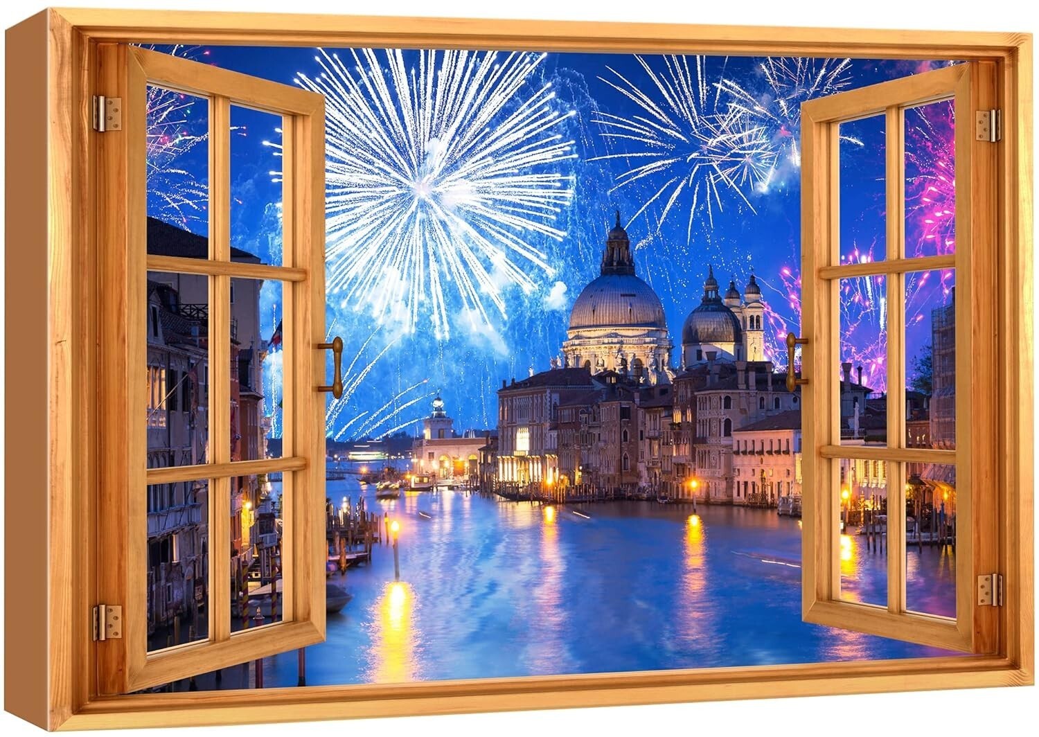 32″x48″ – Window View Canvas Wall Art – Night Fireworks Citiscape Print