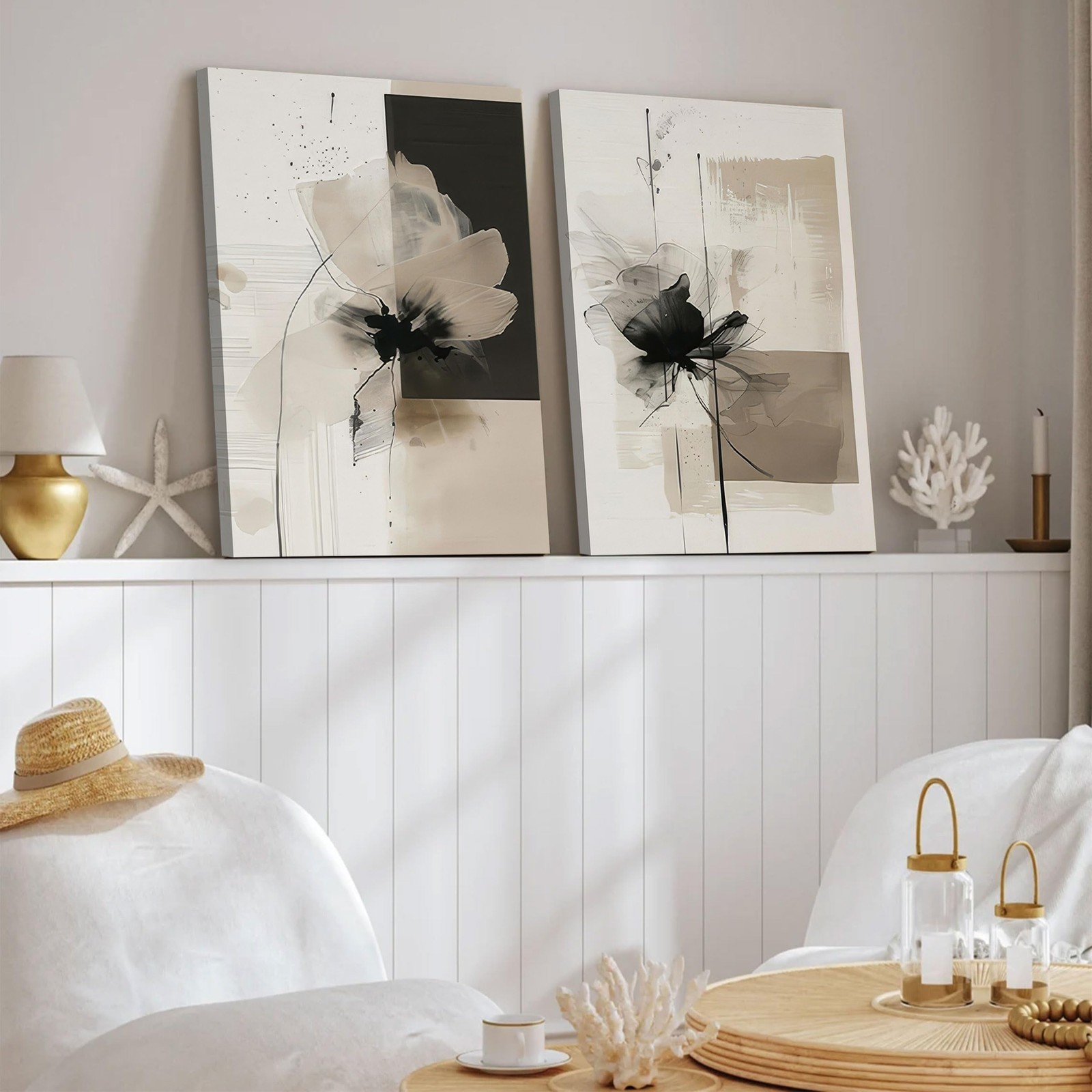 2Pcs Framed Neutral Abstract Canvas Wall Art Floral Pictures Modern Minimalis…