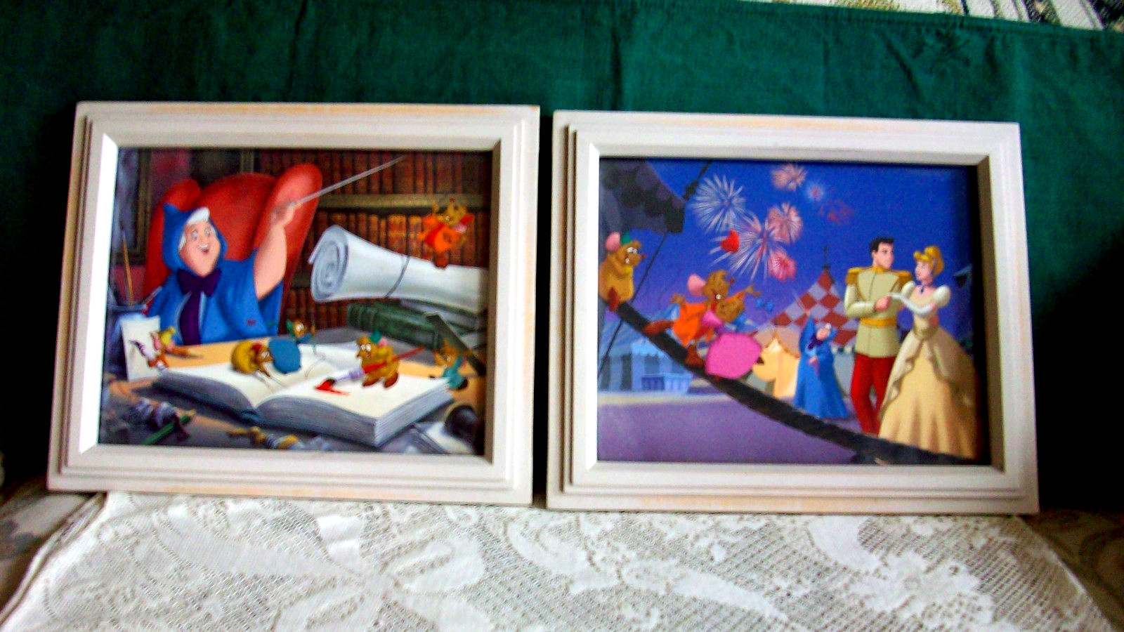 Disneys Cinderella Art Decor Set Of 2 white Wood frames 12X 9 1/2