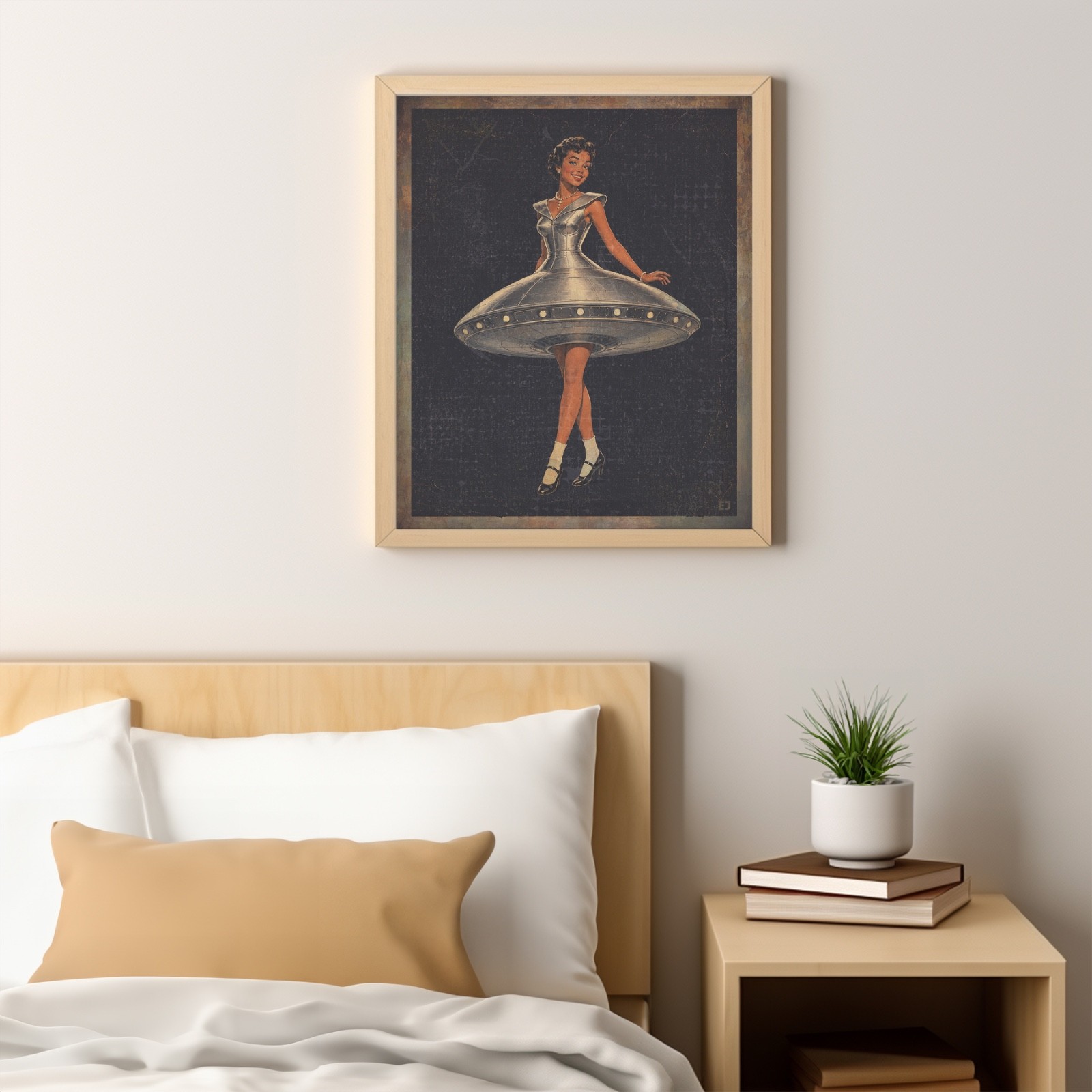 Vintage PINUP GIRL UFO Wall Art, SCI-FI Pin Up Fashion Poster, Alien UAP Dress