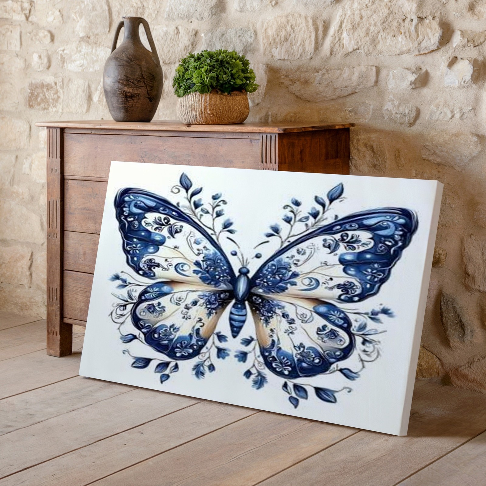 Blue and white floral butterfly canvas wall art print decorative home decor gift